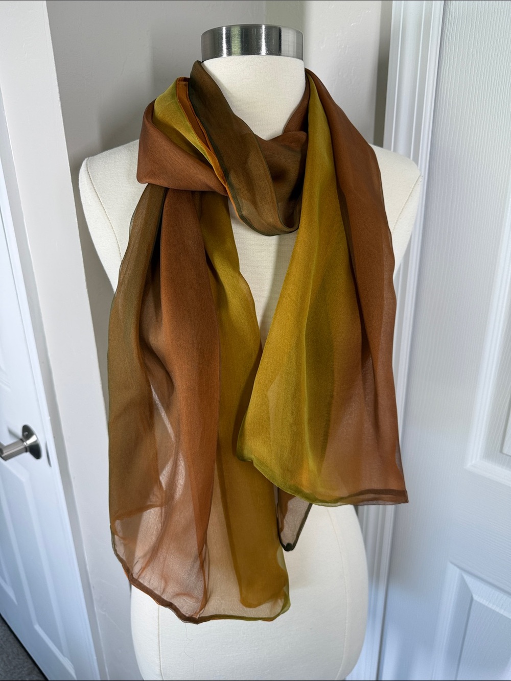 Brown, rust, green, sheer double sided ombre silky scarf